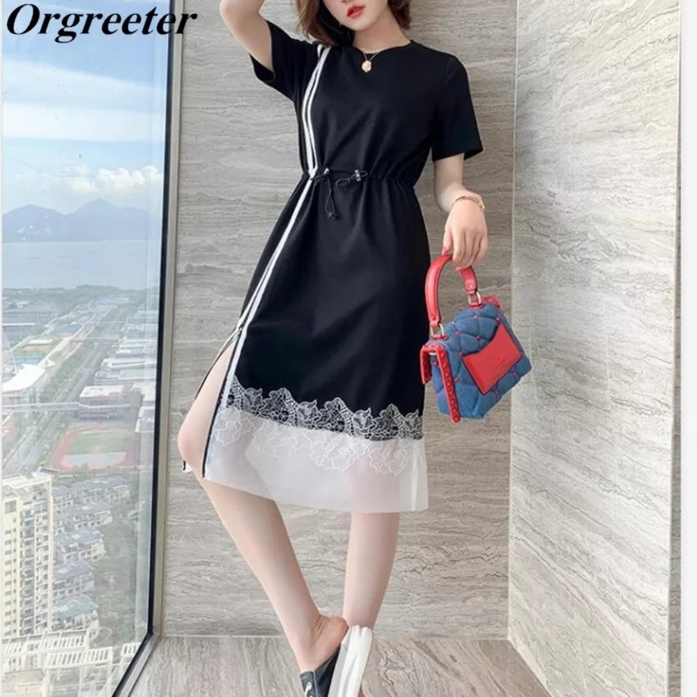 Waist Long Tshirt Dress Women O-neck Short Loose